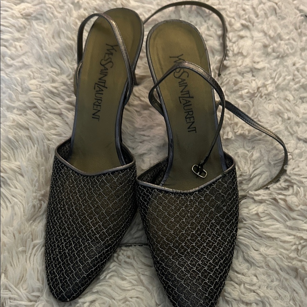 Yves Saint Laurent Black Mesh Slingback Heels